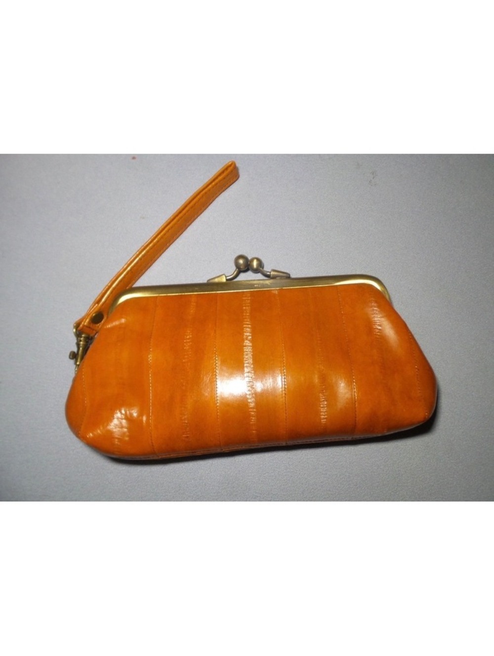Lee Sands Kiss Lock Clutch with a Wristlet Handle Cognac